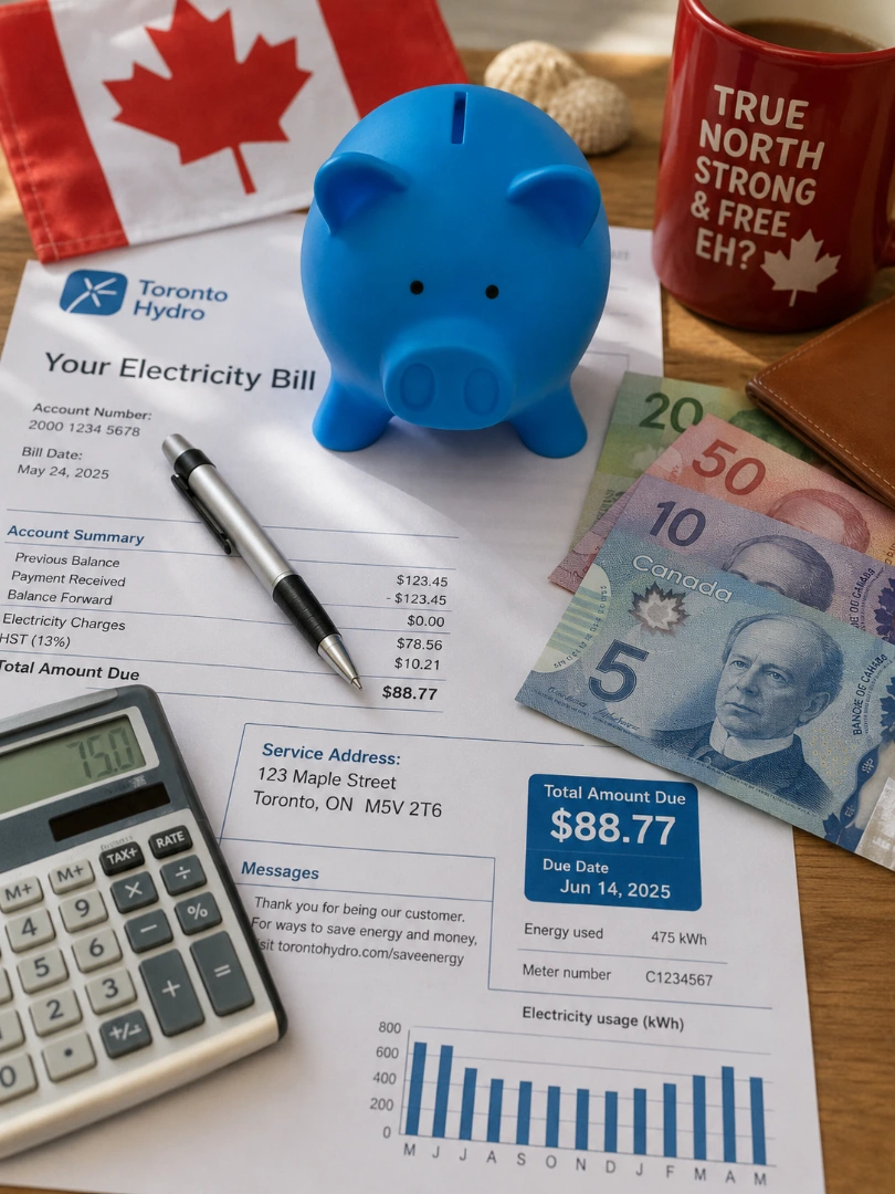 Australian household electricity bill, calculator and cash on a table