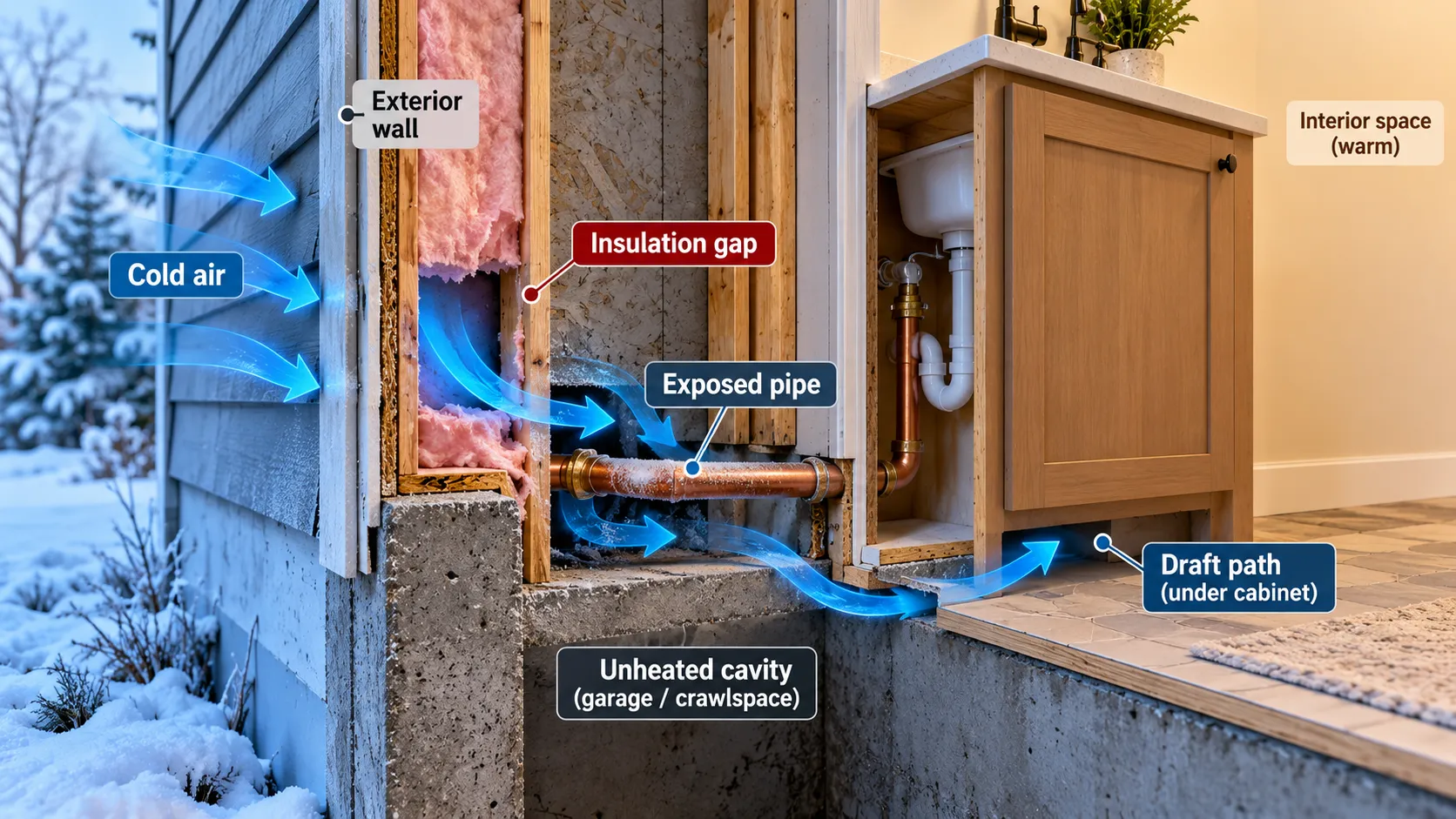 Diagram showing cold air entering a wall cavity and reaching exposed plumbing near an unheated space.