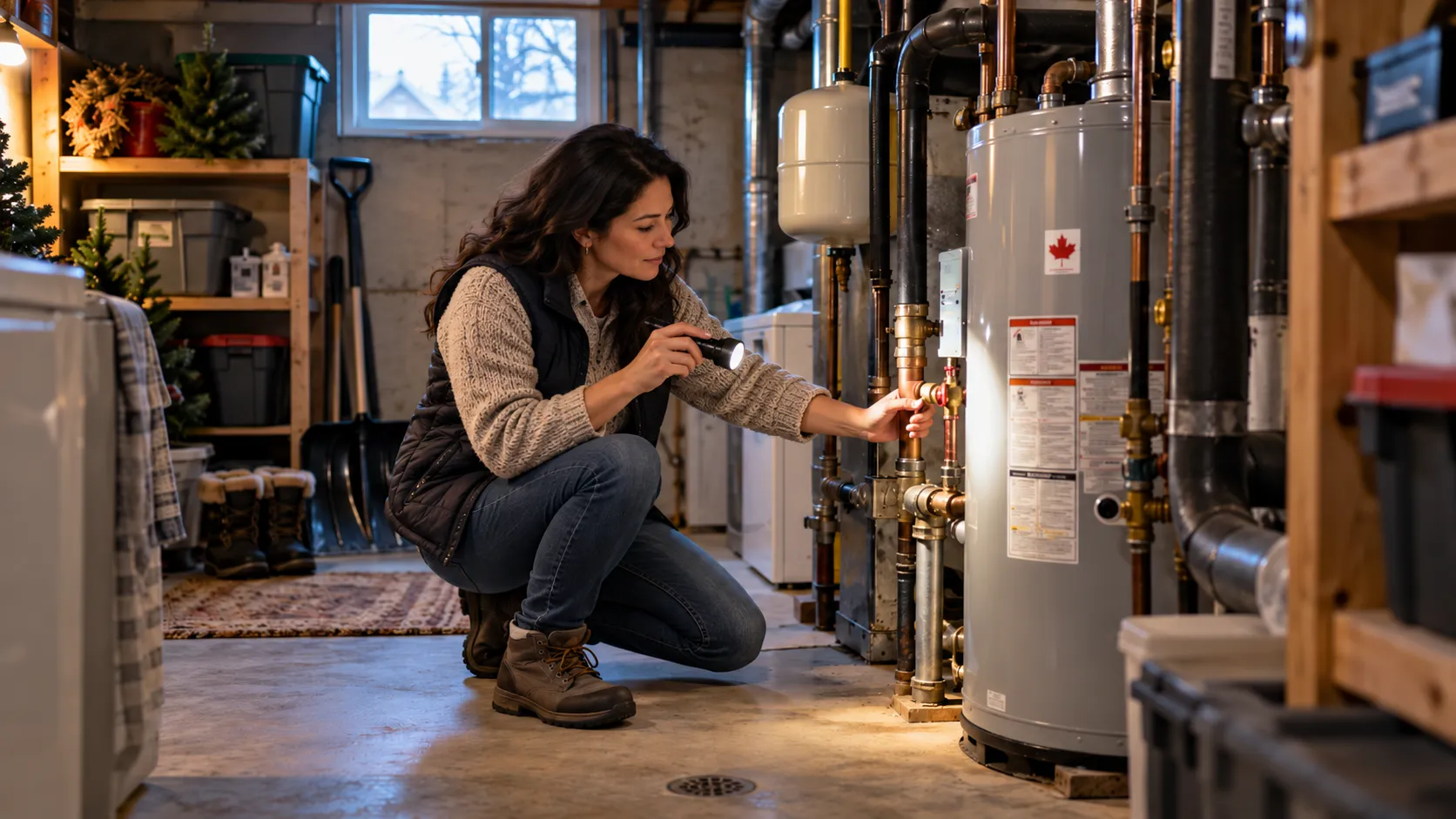 Homeowner inspecting basement plumbing with a flashlight before winter.