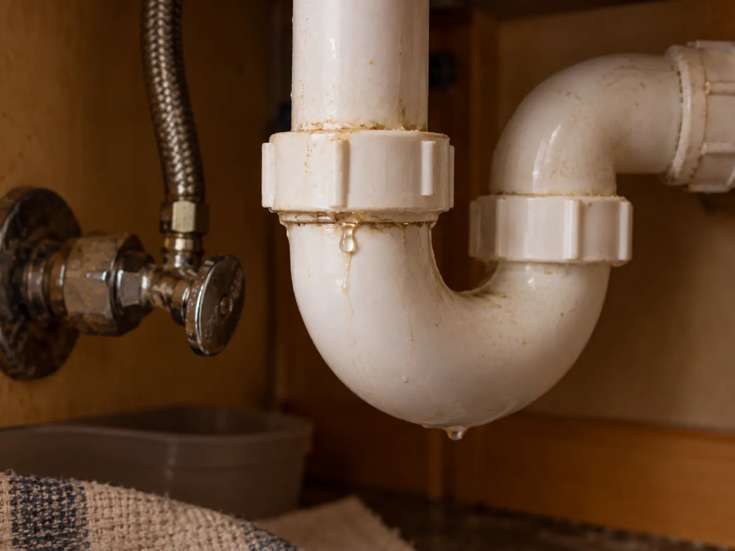 Close-up of a drip and moisture on a residential P-trap under a sink.