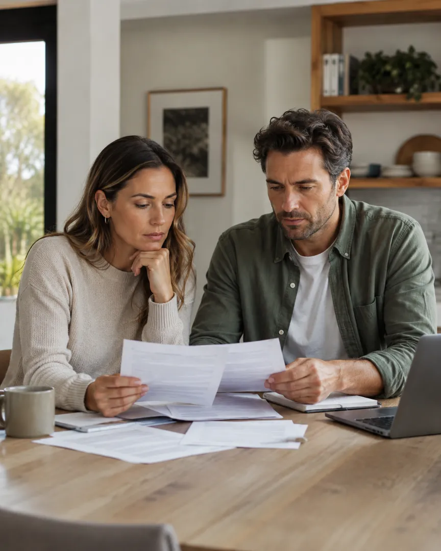 Australian couple reviewing health insurance paperwork at home