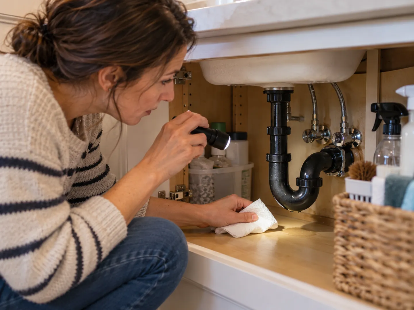 Homeowner using a flashlight to inspect under-sink plumbing for moisture.