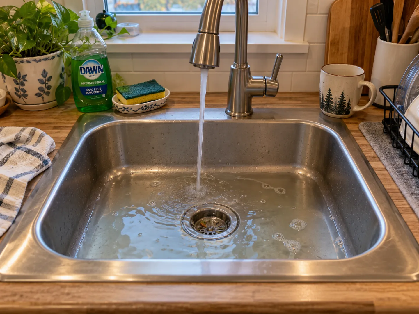 Ordinary kitchen sink with running water and a relatable everyday setup.