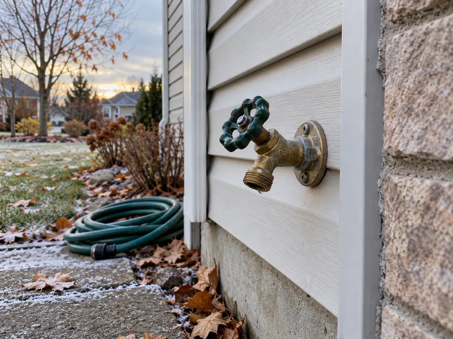 Exterior brass hose bib with a drip, coiled hose, and late-autumn frost on the ground.